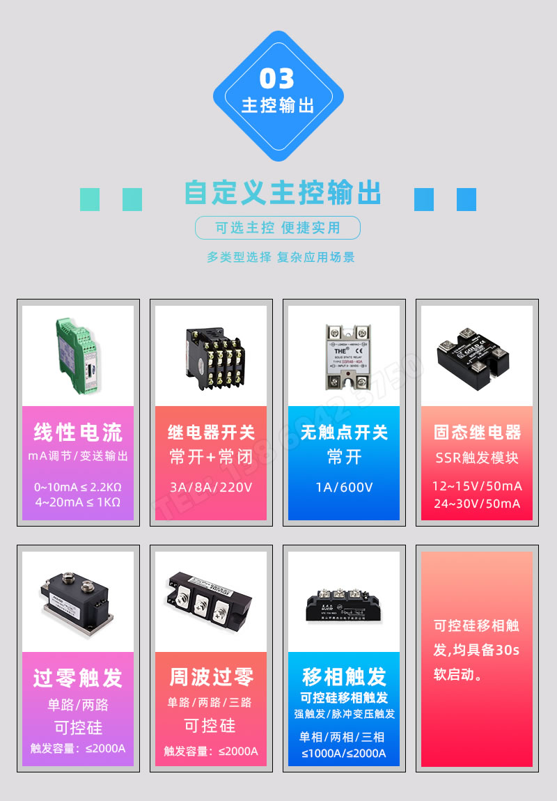 主控輸出-mA電流調(diào)節(jié)/交流繼電器/固態(tài)繼電器/可控硅、過零、周波過零、移相觸發(fā)
